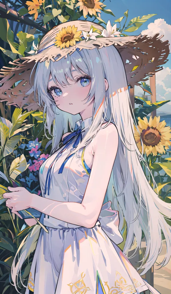 The image is a painting of a young girl with long white hair and blue eyes. She is wearing a white dress and a straw hat with sunflowers on it. She is standing in a field of sunflowers and there are green leaves all around her. The background is a bright blue sky with white clouds. The girl is holding a book in her hands. She has a gentle smile on her face.