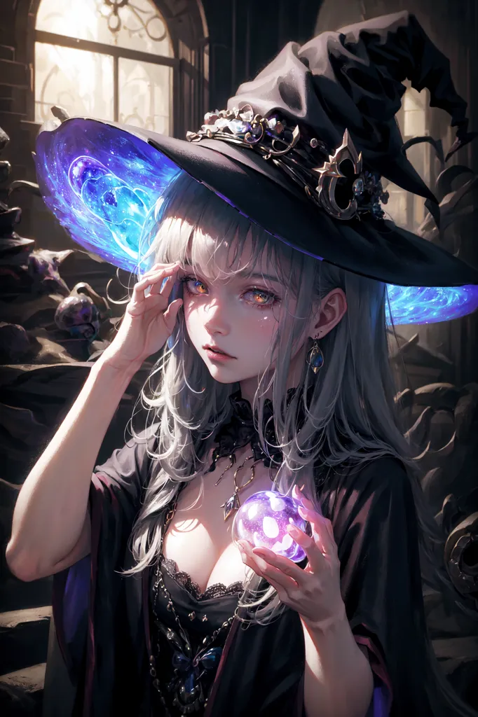 The image is of a beautiful young woman with long silver hair and purple eyes. She is wearing a black witch hat with a blue brim and a black dress with a low neckline. She is also wearing a necklace with a large purple gem in the center. She is standing in a dark room with a window in the background. There are some books and other objects on the shelves in the background. The woman is holding a small, glowing orb in her hand and is looking at it with a curious expression on her face.