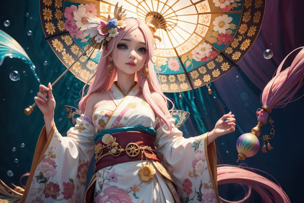 La imagen es de una hermosa chica de anime con cabello rosa. Ella está usando un kimono blanco con un obi rojo y tiene un paraguas rosa y blanco. Ella está parada frente a un fondo azul con un gran paraguas detrás de ella. La chica está sosteniendo el paraguas con su mano derecha y tiene su mano izquierda abierta. Ella tiene una expresión seria en su rostro.