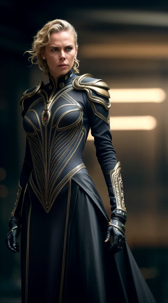 The image shows a woman standing in a dark room. She is wearing a black and gold suit of armor. The armor has a high collar and shoulder pads. The woman has short blond hair and a stern expression on her face.