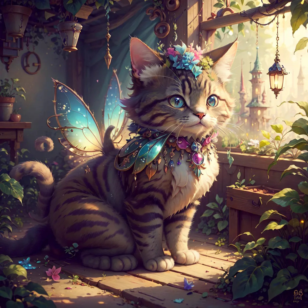 The image shows a cute cat with butterfly wings sitting on a wooden floor. The cat has big blue eyes, a pink nose, and is wearing a necklace with a green jewel in the center. There are flowers in its hair and on the ground around it. The cat is sitting in a lush green garden with a stone house in the background.