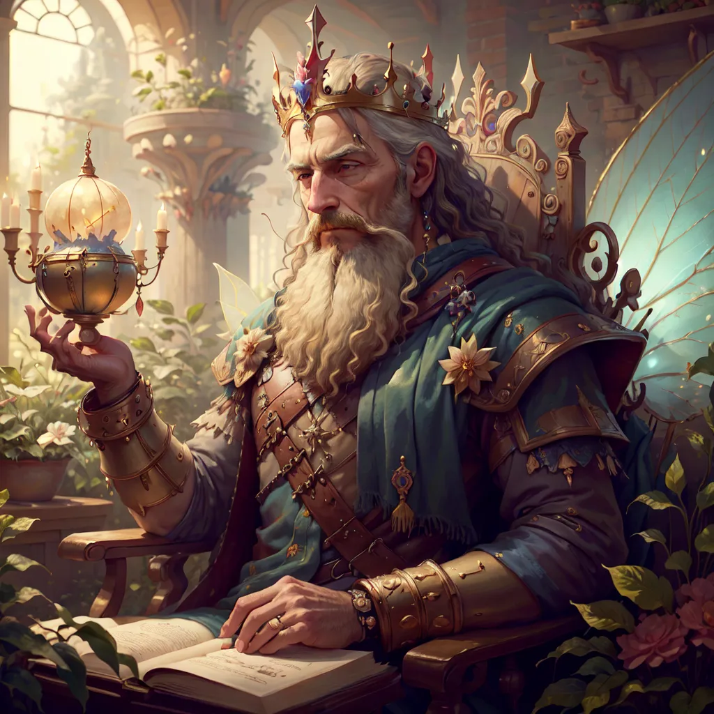 The image shows a man sitting on a throne. He has long white hair and a beard, and he is wearing a golden crown and a blue and green robe. He is holding a staff in his right hand, and there is a book open on his lap. He is sitting in a room with plants growing around him. There are also flowers and vines growing on the walls. The room is lit by a large window.