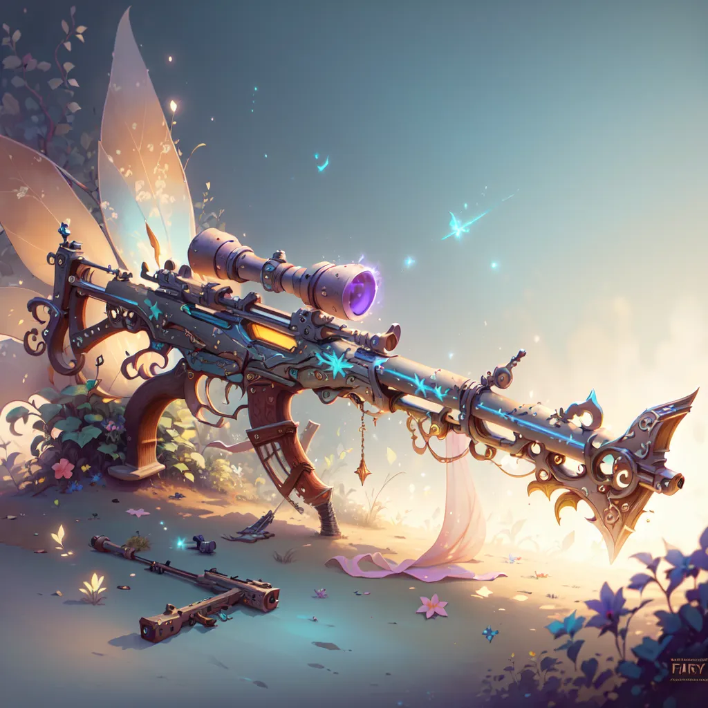 The image is a rendering of a gun that seems to be a hybrid of a modern assault rifle and a weapon from a fantasy world. It has a metallic body with intricate engravings and a scope. The stock of the gun is made of wood. The gun is decorated with flowers and leaves, and there are small fairies flying around it. The background of the image is a blur of light blue and purple.