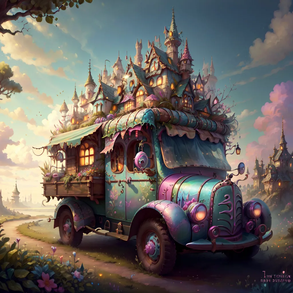 L'image est une illustration fantaisiste d'un camion. Le camion est peint dans des couleurs vives et a des fleurs et des vignes qui poussent partout dessus. Il y a aussi de petites maisons et des châteaux construits sur le dessus du camion. Le camion est garé dans un champ de fleurs et il y a des arbres et des montagnes en arrière-plan. L'image est remplie de couleurs vives et a une atmosphère très fantaisiste et magique.