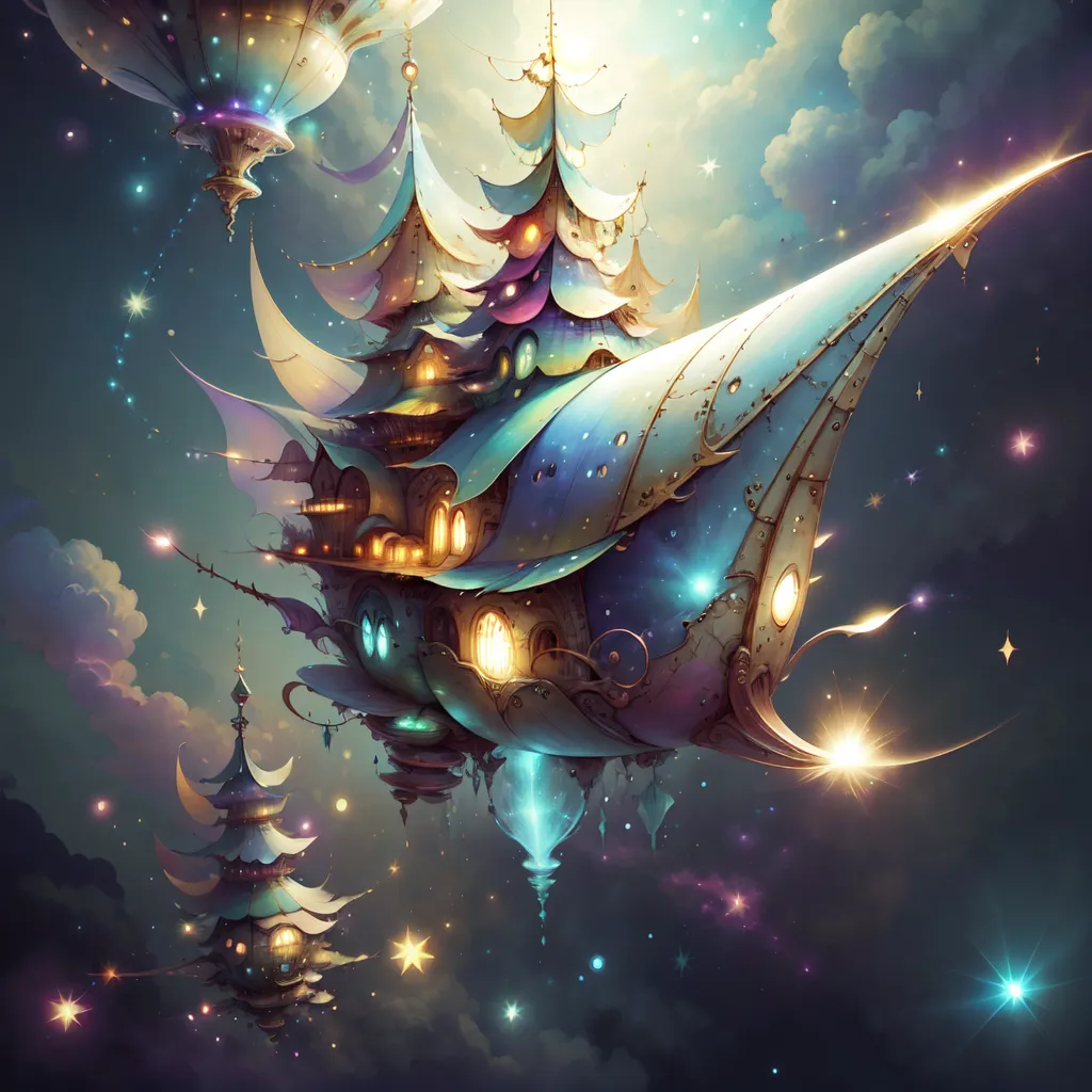 La imagen es una pintura de fantasía de un barco volador. El barco está hecho de madera y tiene una vela grande. También está decorado con banderas y linternas de colores. El barco vuela a través de un cielo nocturno estrellado y hay varias estrellas en el fondo. El barco también está rodeado de nubes. También hay dos barcos más pequeños volando en el fondo.