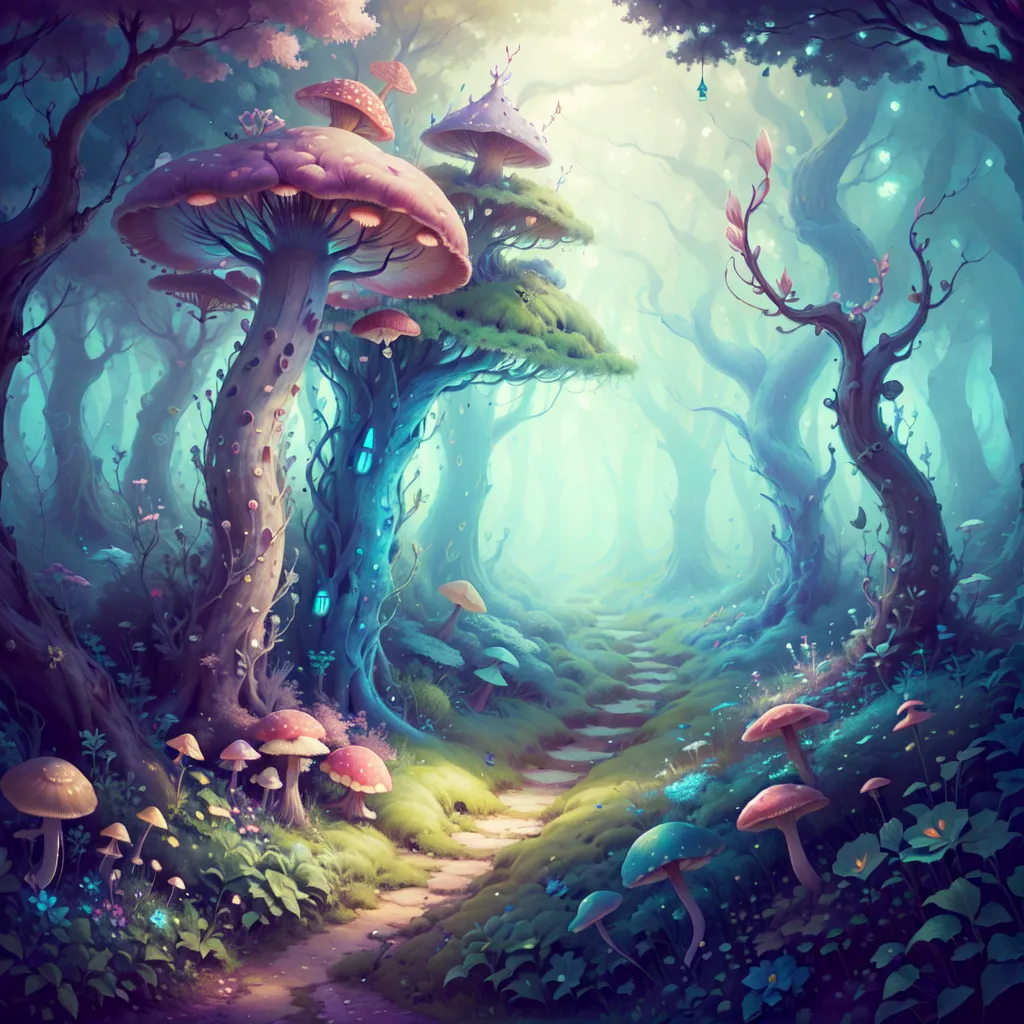 The image is a depiction of a magical forest. The forest is filled with tall, slender trees with pink, purple, and blue leaves. There are also many mushrooms of various sizes and colors. The ground is covered in moss and flowers. There is a path that runs through the forest, and it is flanked by two large mushrooms. The forest is bathed in a soft, pink light. There is a sense of mystery and wonder in the image, and it is easy to imagine that there are magical creatures living in the forest.