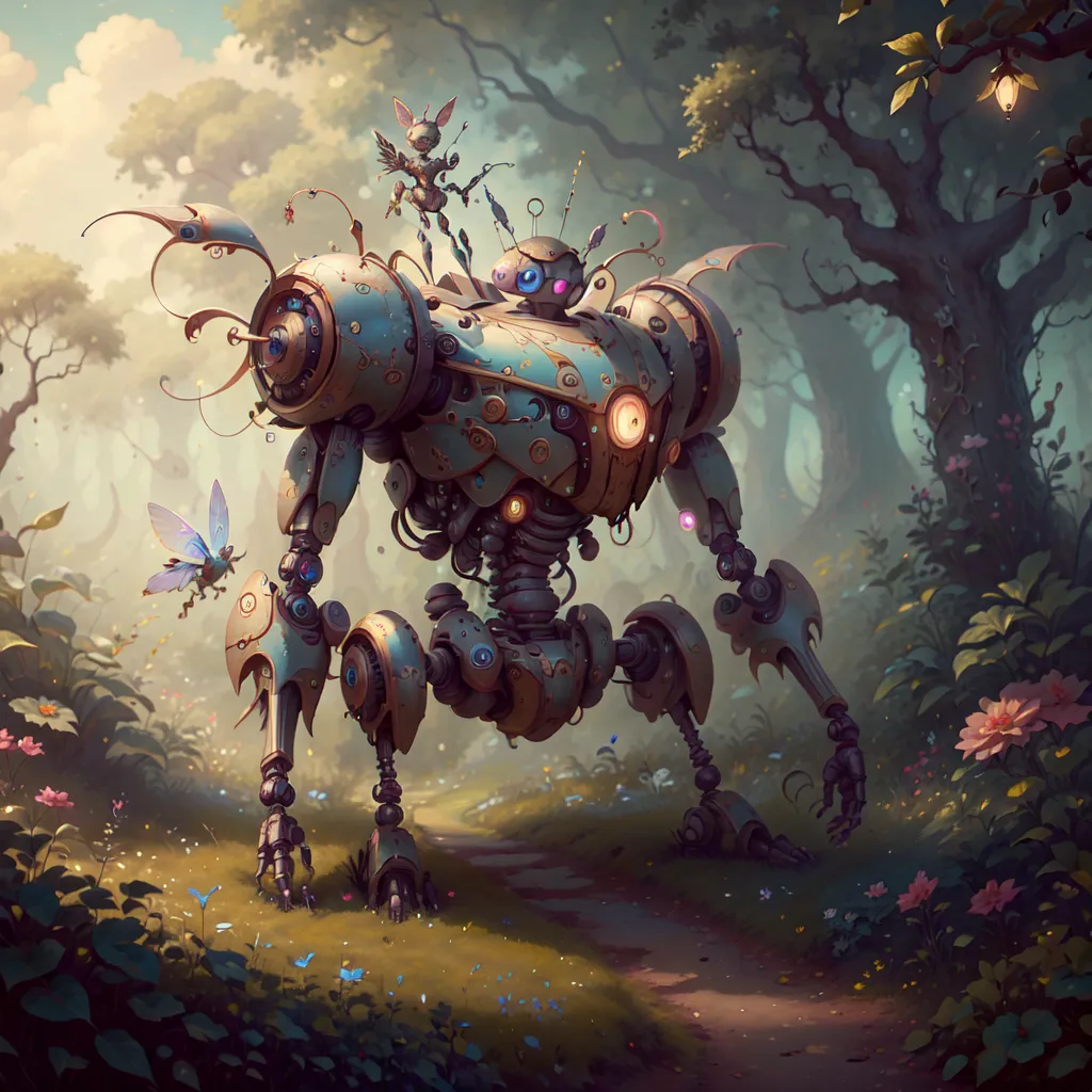 The image is a steampunk robot walking through a forest. The robot is made of metal and has a large gear on its chest. It is also decorated with various steampunk accessories, such as a top hat and a pair of goggles. The robot is surrounded by trees and flowers and is being followed by a small fairy-like creature. The image is in a cartoon style and has a whimsical feel to it.