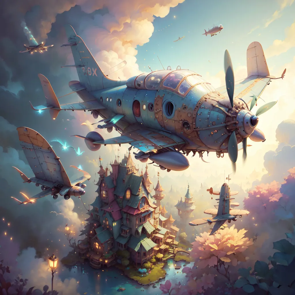 The image is a steampunk fantasy painting of a sky city. There are many airships flying around the city, and there are buildings and houses on the ground. The airships are all different shapes and sizes, and they are all very detailed. The city is surrounded by clouds, and there is a large mountain in the background. The painting is very colorful, and the artist has used a lot of different colors to create a sense of depth and atmosphere.