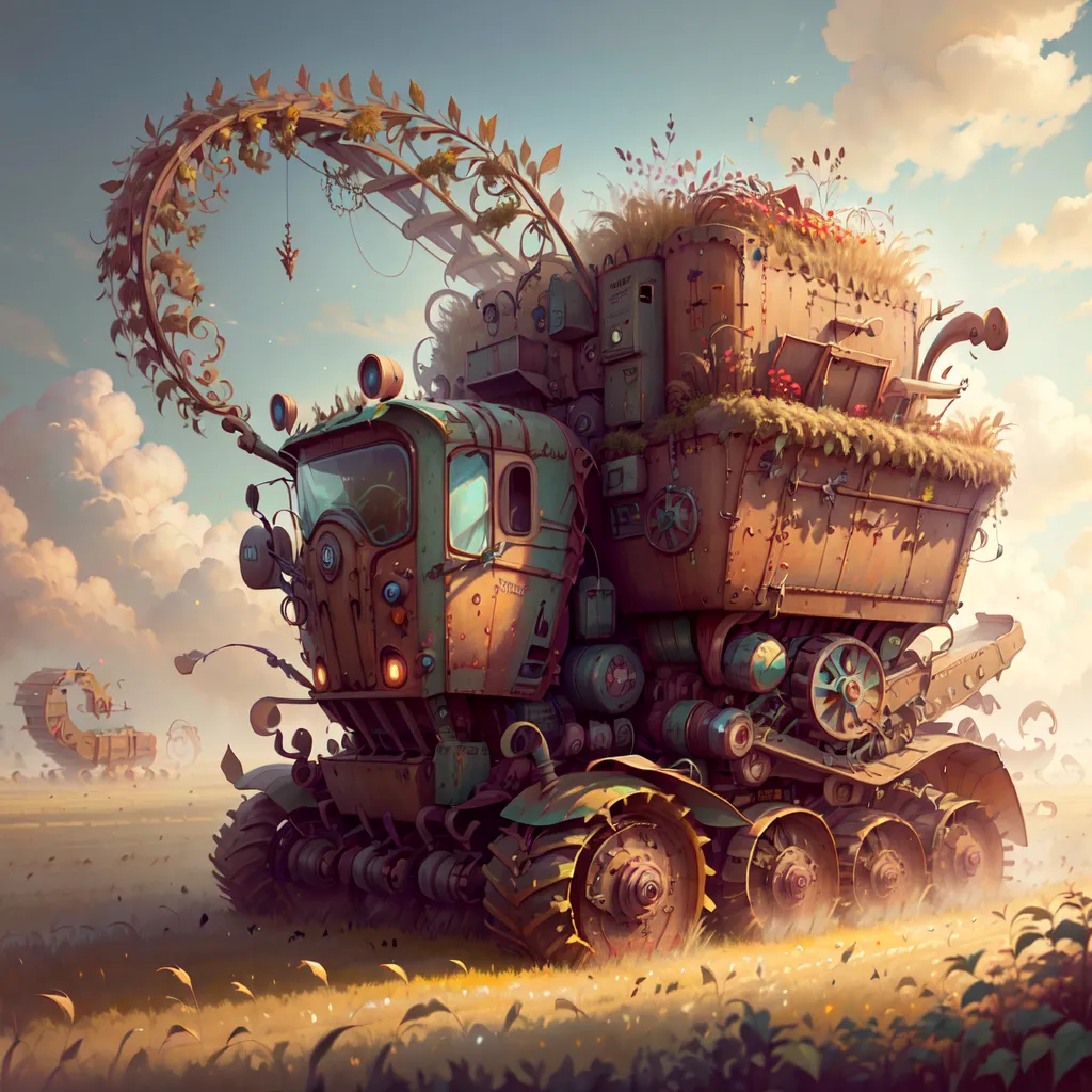 This image shows a steampunk vehicle. It is a large, multi-wheeled vehicle with a large engine and a smokestack. The vehicle is made of metal and wood. It has a large plow attached to the front. The plow is being used to plow a field. There are plants growing in the field. The sky is blue and there are clouds in the sky.