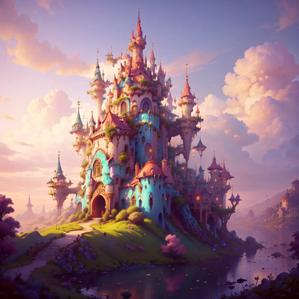 The image is a digital painting of a fantasy castle. The castle is surrounded by a moat and has several towers and turrets. The sky is a gradient of pink, orange, and yellow, and there are clouds in the background. The castle is built on a hill, and there is a path leading up to it. The castle is made of stone and has a variety of windows and doors. The painting is in a realistic style, and the artist has used a variety of techniques to create a sense of depth and realism.