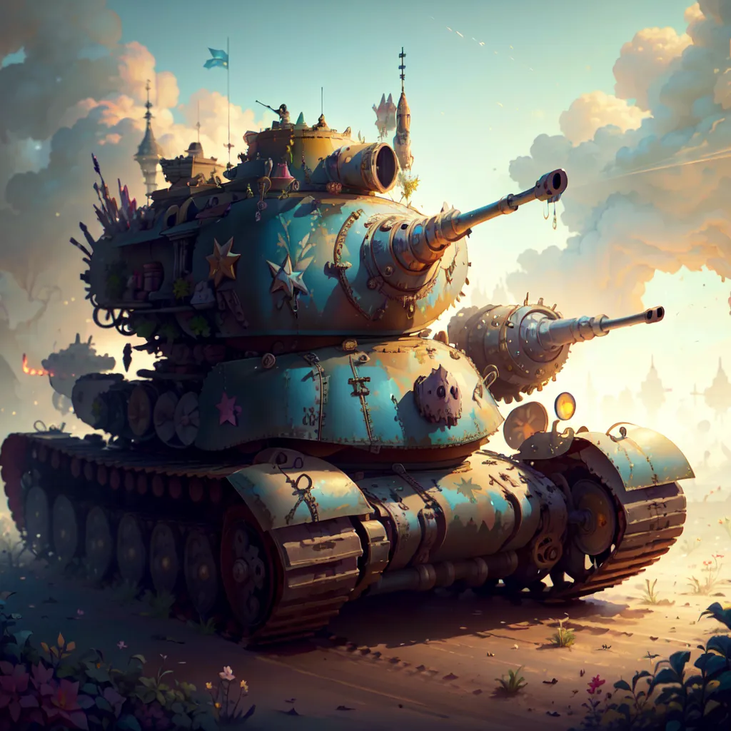 The image shows a steampunk tank. It is a large, armored vehicle with a cannon on the front. The tank is decorated with various steampunk accessories, such as gears, rivets, and pipes. There are also several small buildings and structures on the tank, including a tower, a windmill, and a house. The tank is surrounded by a group of people, some of whom are wearing steampunk clothing. In the background, there is a large, steampunk city with airships flying overhead.