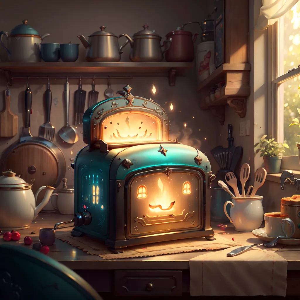 The image is a digital painting of a kitchen. There is a toaster on the counter. The toaster is blue and has a face. The toaster is turned on and there is bread inside it. The bread is glowing. There is a plate of pastries on the counter next to the toaster. There is a window on the right side of the image. There are curtains on the window. The curtains are white. There is a plant on the windowsill. The plant is green. There is a teapot on the counter. The teapot is white. There is a cup on the counter. The cup is white. There is a spoon in the cup. The spoon is silver. There is a knife on the counter. The knife is silver. There is a fork on the counter. The fork is silver. There is a bowl of fruit on the counter. The fruit is red. There is a vase of flowers on the counter. The flowers are pink.