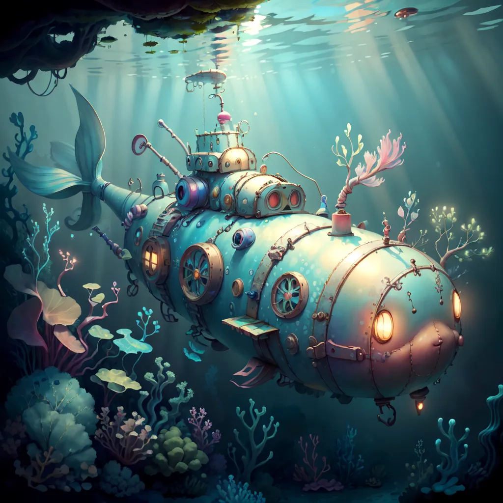 The image is a steampunk submarine. It is made of metal and has a porthole on the side. The submarine is surrounded by coral and fish. The submarine is also decorated with lights.