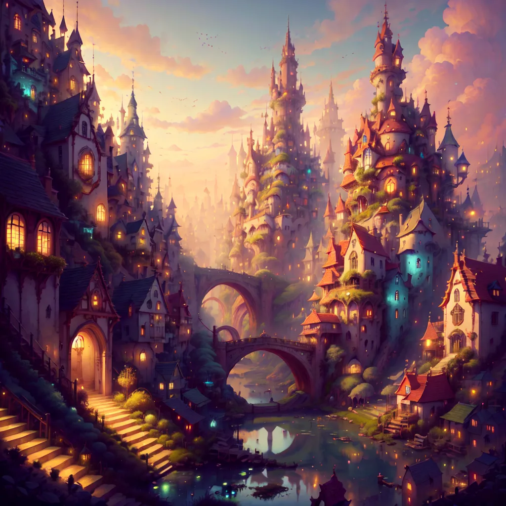 The image is a fantasy painting of a city. The city is built on a series of canals and rivers, and there are many bridges connecting the different parts of the city. The buildings are tall and narrow, and they are all built in a variety of styles. There are many people walking around the city, and there are also a few boats on the canals. The sky is a gradient of purple and pink, and there are a few clouds in the sky. The overall mood of the image is peaceful and serene.