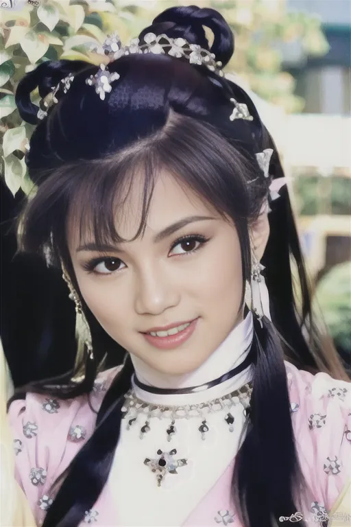 The picture shows a young woman in a pink and white costume. She has long black hair and is wearing a traditional Chinese headdress. The background is blurred, but it looks like she is in a garden. The woman is smiling and looks happy.