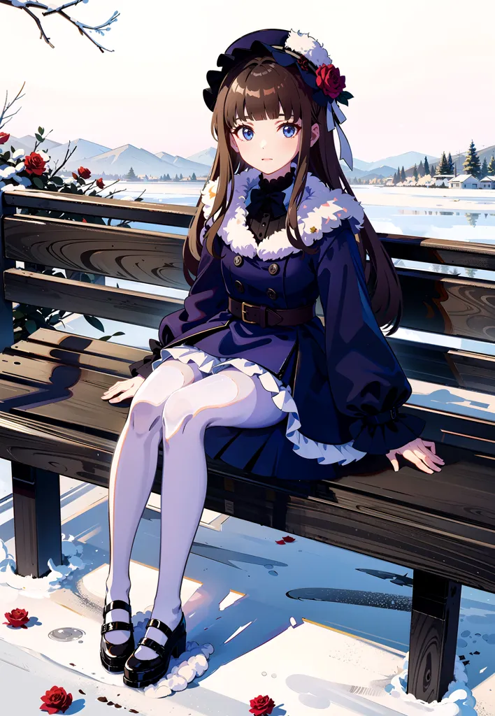 The image is of a young girl sitting on a park bench in the snow. She is wearing a blue and white dress with a white fur collar and a black hat with red roses. The girl has long brown hair and blue eyes, and she is looking at the viewer with a gentle smile. The background of the image is a snowy landscape with mountains in the distance.