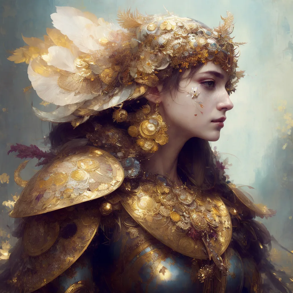 Cette image montre une femme, probablement une guerrière, avec une armure de couleur or et un casque fait de plumes et de fleurs de couleur blanche et dorée. L'armure a des accents bleus et verts. Elle regarde vers la droite du cadre, qui est principalement couvert par ses cheveux et son armure d'épaule.