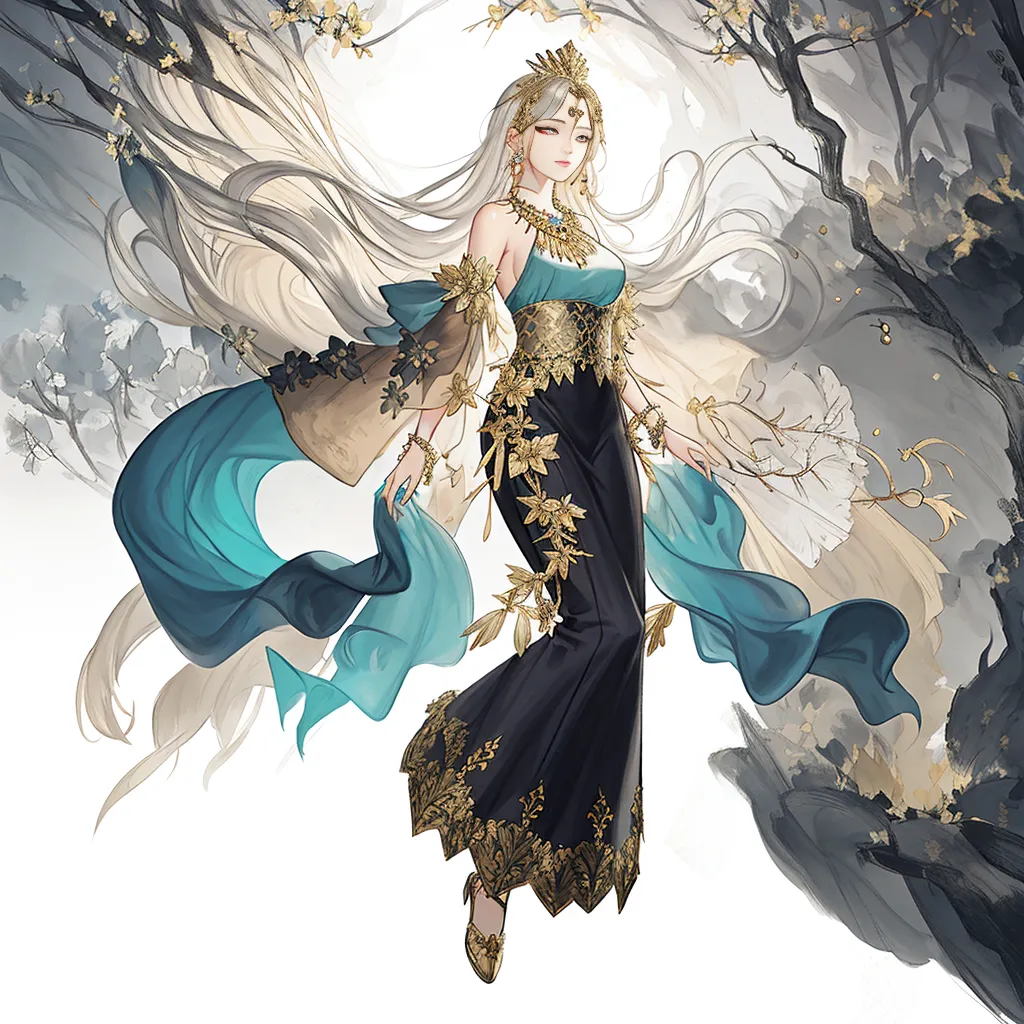 The image shows a beautiful woman with long white hair and blue eyes. She is wearing a black and gold dress with a blue sash. The dress has intricate gold detailing and a high collar. She is also wearing a gold necklace and earrings. Her hair is left down and she has a serene expression on her face. She is standing in front of a white background with a tree branch with white and yellow flowers on the left side of the image.