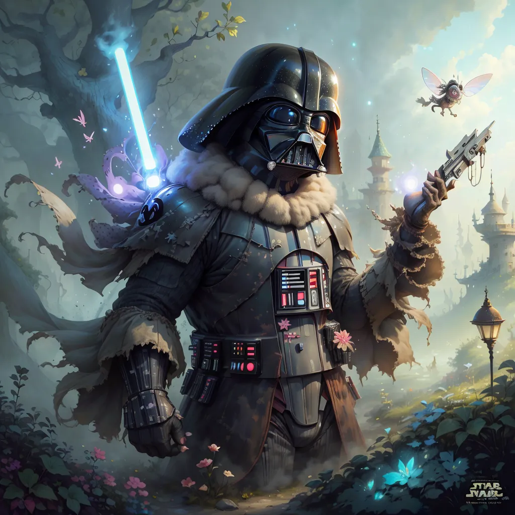 The image is of Darth Vader, a character from the Star Wars series. He is standing in a forest, holding a lightsaber. He is wearing a black suit of armor and a white cape. He has a furry white creature on his shoulder and there are small flying creatures around him. In the background, there is a castle.