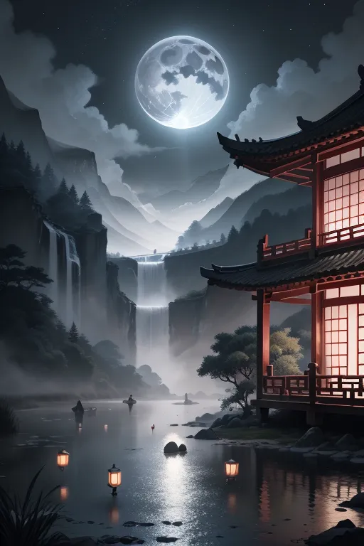 The image is a beautiful landscape painting in a traditional Chinese style. The painting depicts a moonlit night in a mountainous region. There is a pavilion on the right side of the painting, and a waterfall in the background. The pavilion is surrounded by trees and shrubs, and there are several lanterns floating on the water in front of it. The moon is full and bright, and it casts a shimmering reflection on the water. The painting is done in muted colors, and the overall effect is one of peace and tranquility.