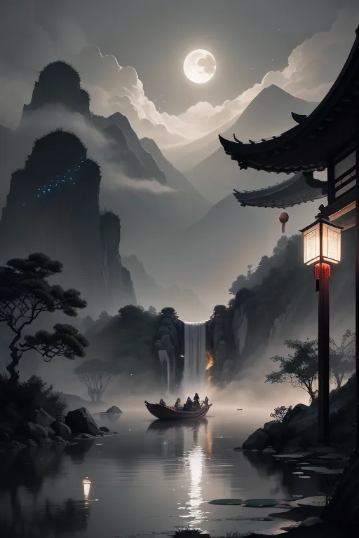 The image is a beautiful landscape painting in a traditional Chinese style. The painting depicts a lake in the mountains at night. The water in the lake is calm and still, reflecting the light of the moon and stars. The mountains are covered in mist. There is a pavilion on the shore of the lake with a lantern hanging from it. A boat with four people in it is on the lake. The people in the boat are wearing traditional Chinese clothing. The painting is done in muted colors, with a focus on the beauty of the natural landscape.