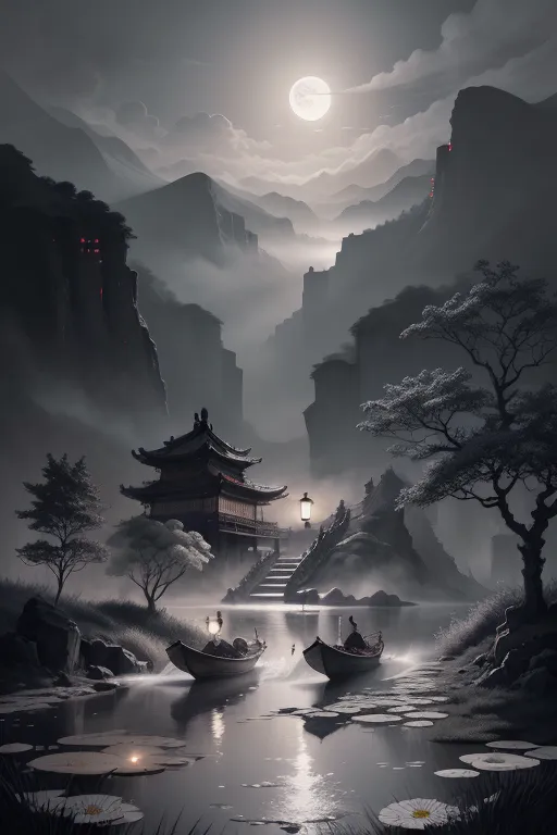 L'image est dans un style traditionnel chinois. Elle représente un lac dans une vallée entourée de montagnes. L'eau est calme et immobile, reflétant la lumière de la lune. Il y a deux bateaux sur le lac, chacun avec deux personnes à bord. Les personnes portent des vêtements traditionnels chinois. Il y a des arbres et des plantes sur la rive du lac, et un bâtiment en arrière-plan. L'image est paisible et sereine.