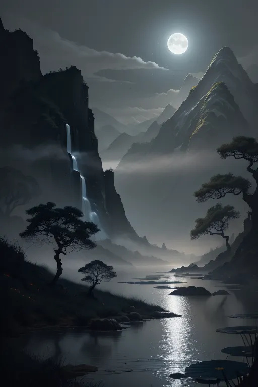 The image is a dark and moody landscape painting. The sky is black and the moon is full. The mountains are shrouded in mist and the water is still. The only light comes from the moon and the stars. The image is very peaceful and serene.