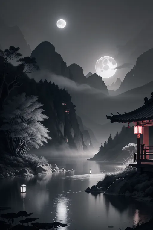 The image is in a grayscale. It is a misty night in the mountains. There is a pavilion on the right side of the image. The pavilion is lit by a red lantern. There are two moons in the sky. The water in the lake is still. There are some trees on the left side of the image. The trees are bare. There is a mountain in the background. The mountain is covered in mist.