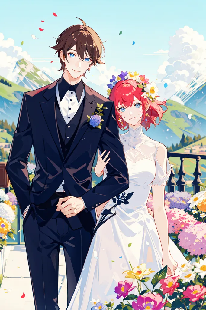 This is an illustration of a couple getting married. The man is wearing a black suit with a white shirt and a blue bow tie. The woman is wearing a white wedding dress with a red flower in her hair. They are standing on a balcony, surrounded by flowers. In the background, there are mountains. The image has a soft, romantic feel to it.