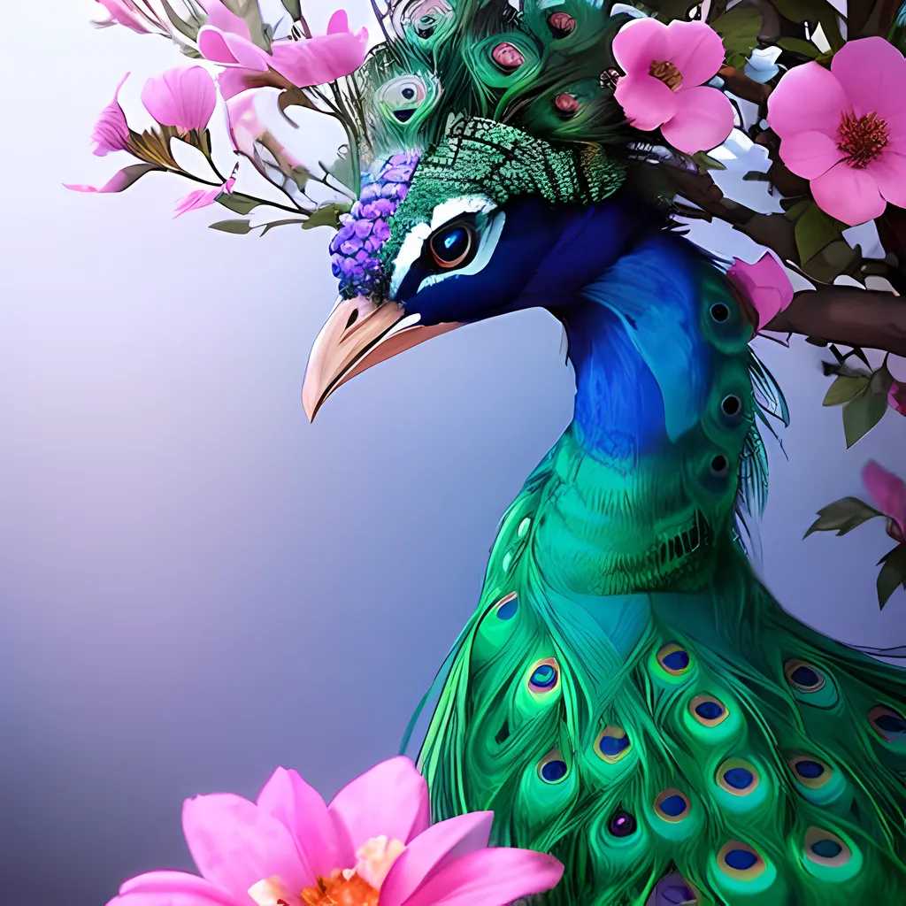 A blue and green peacock with a pink flower in its beak is perched on a branch with pink flowers. The peacock's tail feathers are spread out in a fan behind it. The background is a light blue-gray.