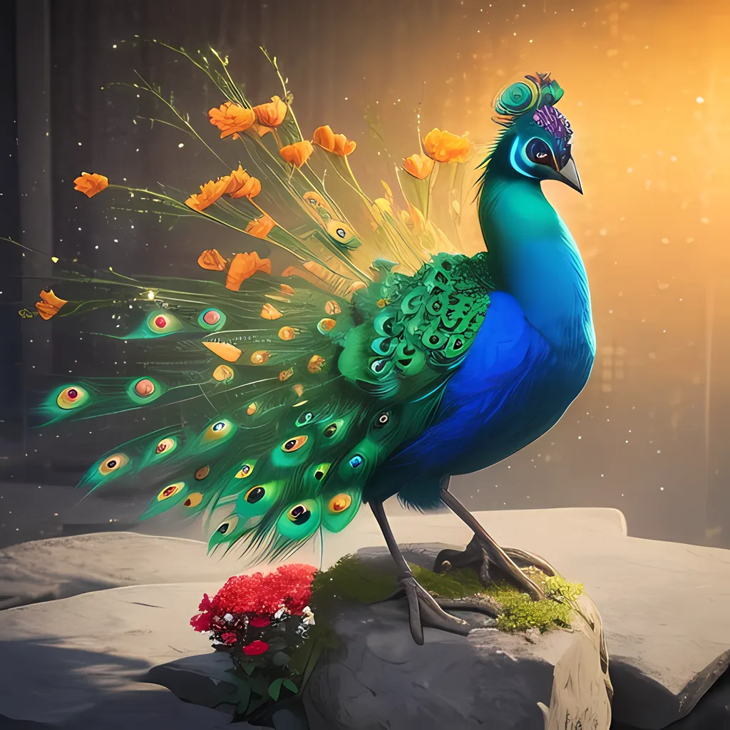 The image is of a peacock standing on a stone pedestal. The peacock has its tail feathers spread out in a fan-like shape. The feathers are a bright blue-green color with yellow and orange flowers growing out of them. The tips of the feathers are a deep blue color with yellow and orange spots. The peacock's head is a dark blue color with a crest of yellow and orange feathers. The beak is a light yellow color. The peacock's legs are a dark blue color with yellow and orange scales. There is a single red rose bush growing out of the stone pedestal to the left of the peacock. The background is a dark grey color with a few yellow and orange lights in the distance.