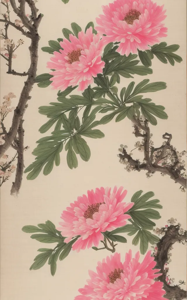 A imagem é uma pintura chinesa de peônias rosas e flores de ameixeira. As peônias são pintadas em um estilo realista, com pétalas delicadas e cores vibrantes. As flores de ameixeira são pintadas de uma maneira mais estilizada, com linhas simples e cores suaves. A pintura está montada em um rolo de seda e a assinatura e o selo do artista estão no canto inferior direito.