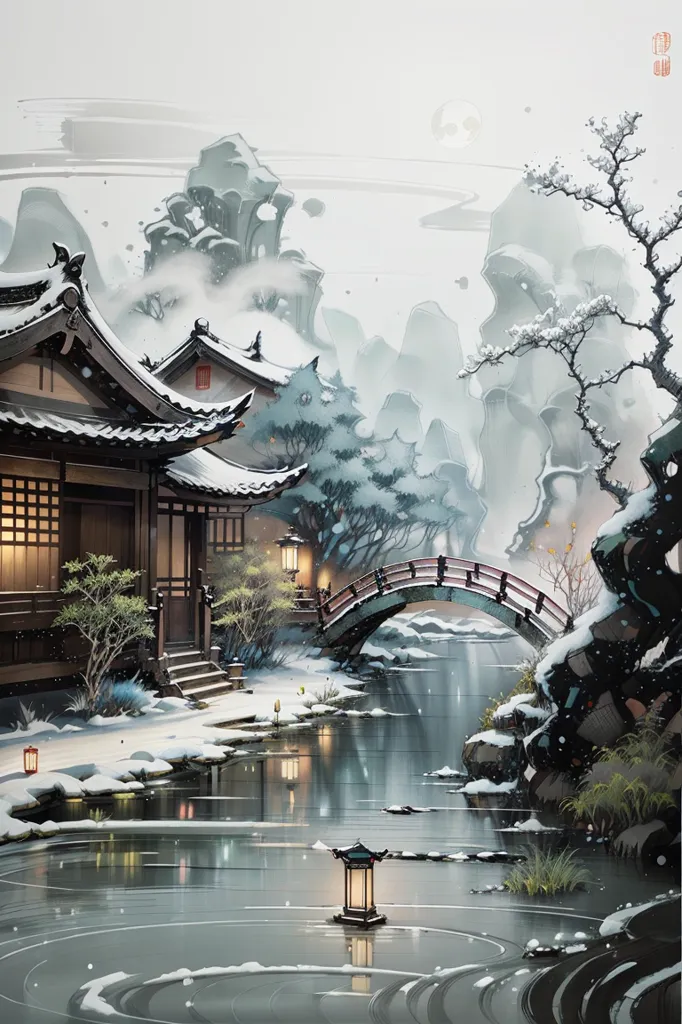 The image is a beautiful winter landscape of a traditional Chinese house. The house is surrounded by snow-covered mountains and trees, and there is a frozen river in front of it. A small bridge crosses the river, and there are several lanterns hanging from the trees. The image is very peaceful and serene, and it captures the beauty of the winter season.