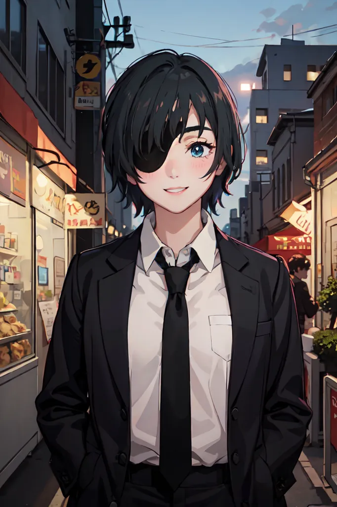 This is an image of a young woman with short black hair and blue eyes. She is wearing a black suit jacket and a white shirt with a black tie. She has a black eyepatch over her right eye. She is standing in an alleyway with a city street in the background. The street is lined with buildings and there are people walking around. The sky is blue and there are some clouds in the distance.