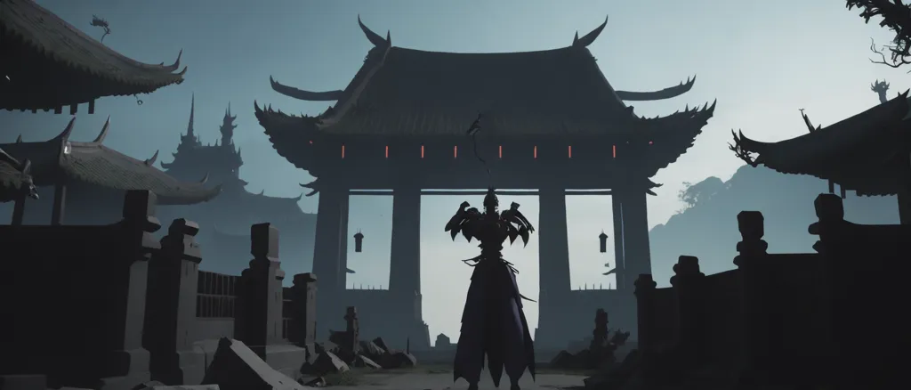 The image is in a Chinese style. There is a tall gate with a large door in the middle. The gate is flanked by two tall towers. There are some trees and rocks around the gate. A person is standing in the middle of the gate. The person is wearing a long robe and has a sword in their hand. The person is looking at the camera.