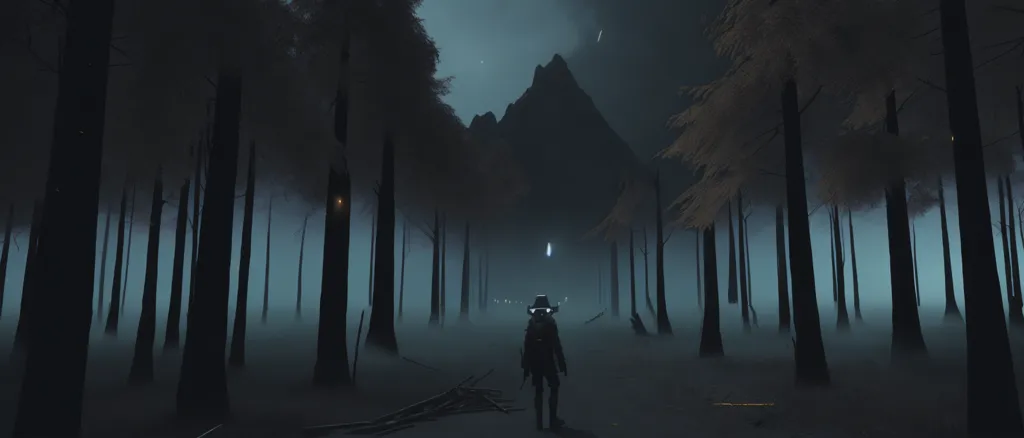 The image is a dark forest with a mountain in the distance. The forest is full of tall trees and a thick fog. There is a person walking through the forest. They are wearing a hat and a long coat. They are carrying a staff. The image is mysterious and atmospheric. It is unclear what the person is doing or where they are going. The forest is dark and foreboding, and the mountain in the distance is shrouded in mist. The person's journey is uncertain, and the image leaves the viewer with a sense of wonder and intrigue.