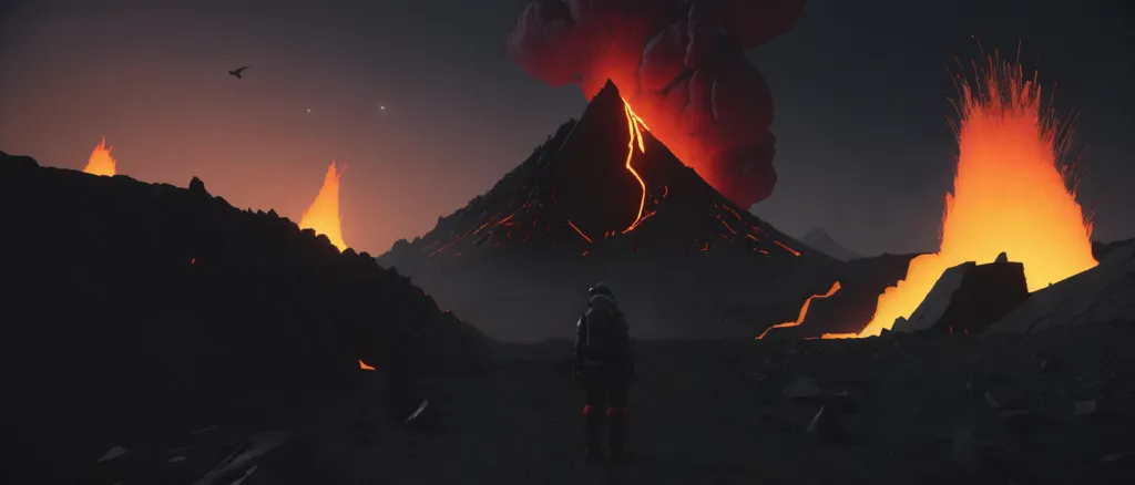 The image is a dark and dramatic landscape. A volcano is erupting in the distance, spewing lava and ash into the sky. The ground is cracked and fissured, and there are large boulders and rocks scattered everywhere. The sky is dark and there are no stars or other lights visible. A lone figure stands in the foreground, silhouetted against the eruption. The figure is wearing a spacesuit, and they are looking at the volcano. The image is full of tension and suspense, and it is unclear what will happen next.