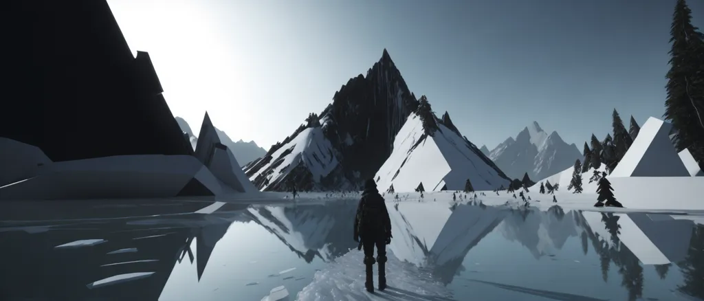 The image is a digital painting of a mountain landscape. The mountains are covered in snow and ice. The sky is clear and blue. The sun is shining on the mountains. There is a lake in the foreground of the image. The lake is frozen and covered in snow. There is a person standing on the ice in the middle of the lake. The person is wearing a black coat and a hat. They are looking out at the mountains. The image is very peaceful and serene.