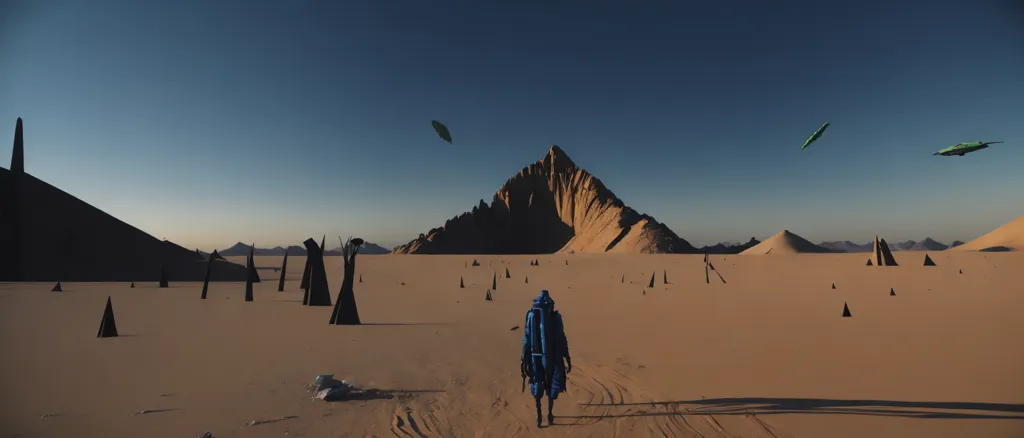 La imagen muestra un vasto paisaje desértico con una montaña a lo lejos. El suelo está cubierto de arena y no se ven plantas ni animales. El cielo es de un azul claro y hay dos naves alienígenas a lo lejos. Una figura humana solitaria camina por el desierto con un traje espacial azul y una mochila.