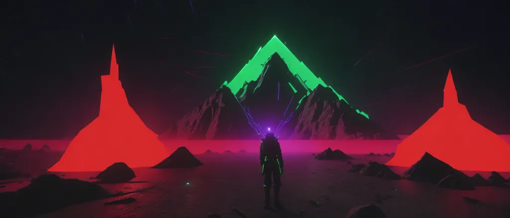 The image is a dark and mysterious landscape. There are three large mountains in the background, the middle one being the largest and tallest. The mountains are all glowing with a green light. There is a figure standing in the foreground, looking at the mountains. The figure is wearing a spacesuit. The ground is covered in rocks and debris. The sky is dark and there are no stars visible.