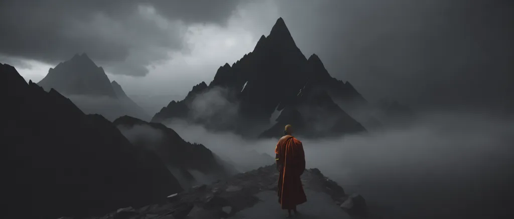 L'image est un paysage sombre et morose. Le ciel est rempli de nuages et les montagnes sont enveloppées dans le brouillard. Une silhouette solitaire se tient sur un promontoire rocheux, contemplant la vue. La silhouette porte une robe rouge et a la tête baissée. L'image est remplie de mystère et de merveille. On ne sait pas ce que fait la silhouette ni où elle va. Le ciel sombre et orageux suggère que la silhouette est en voyage et qu'elle fait face à des défis. La robe rouge suggère que la silhouette est une figure religieuse, et la tête baissée suggère qu'elle est en prière. L'image est un rappel que même dans les moments les plus sombres, il y a toujours de l'espoir.