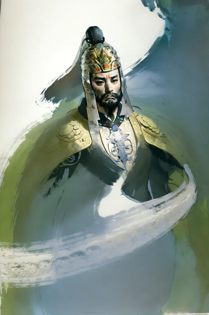 The image shows a man with long black hair and a beard. He is wearing a golden helmet with a red jewel in the center. He is also wearing a golden chest plate with green shoulder pads. The background of the image is white with a green and blue streak on the right side. The man's expression is serious and determined.