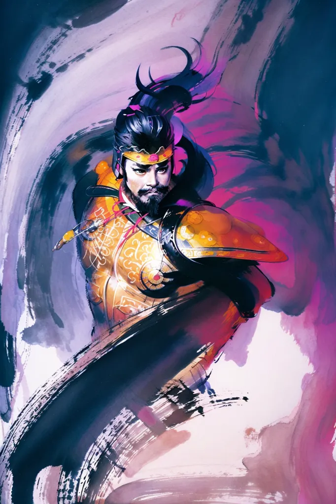 The image is a painting of a man in a golden armor. He has long black hair and a beard. He is holding a sword in his right hand. The background is a mixture of black, white, and purple. The painting is done in a realistic style and the man's expression is serious and determined.