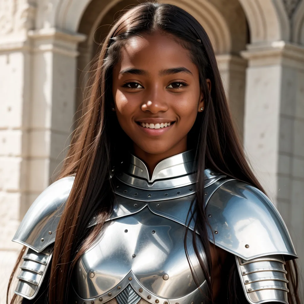 This is an image of a young woman, smiling at the viewer. She is wearing a suit of silver armor, with a white surcoat. The armor is decorated with rivets and has a scalloped edge. The woman has long, dark hair, which is flowing over her shoulders. She is also wearing a silver necklace with a pendant in the shape of a heart.