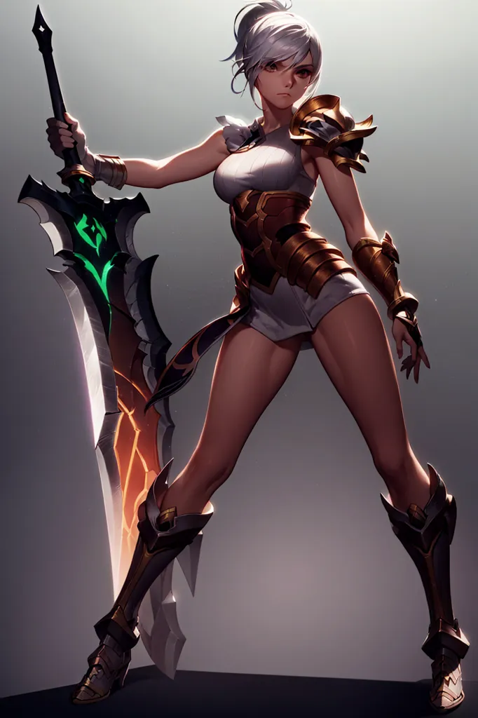 This image shows a woman with white hair and brown eyes. She is wearing a white and gold outfit and is holding a large sword. The sword has a green glow around the blade. She is standing in a confident pose and looks like she is ready to fight.