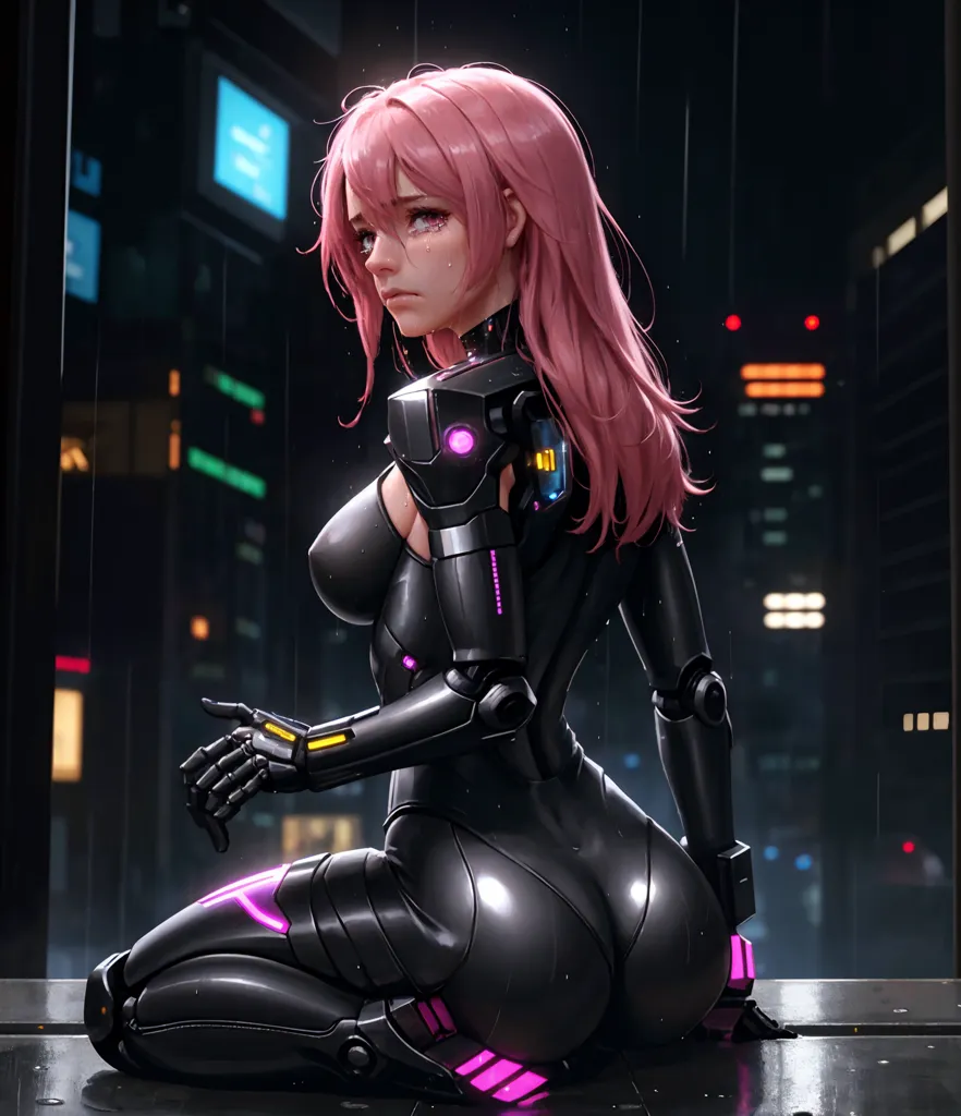 The image depicts a female cyborg with pink hair and purple eyes. She is wearing a black bodysuit with pink and purple highlights and has a robotic arm and leg. She is sitting on a rooftop in a city, with a cityscape in the background. The cyborg is looking down with a sad expression on her face.