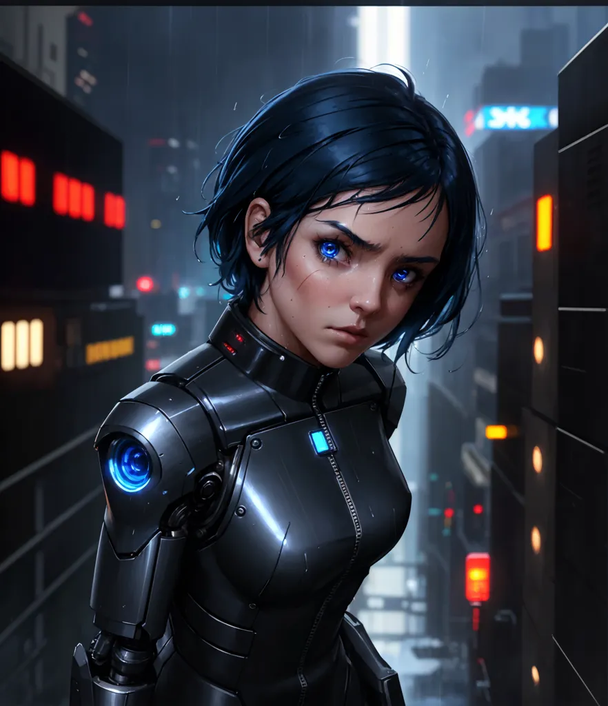 The image is of a young woman with short blue hair and blue eyes. She is wearing a black and grey bodysuit with a high collar. The bodysuit has blue lights on it and a small screen on the chest. She is also wearing a metal arm guard on her left arm. The background is a dark city with blue and red lights.