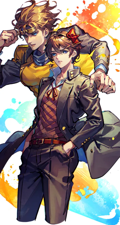 This is an illustration of two male characters. The man on the left has blond hair and blue eyes, and he is wearing a yellow jacket. The man on the right has brown hair and blue eyes, and he is wearing a brown vest and a dark blue suit jacket. They are both wearing glasses. The man on the left has his hand on the man on the right's shoulder, and the man on the right has his hand in his pants pocket. They are standing in front of a colorful background.