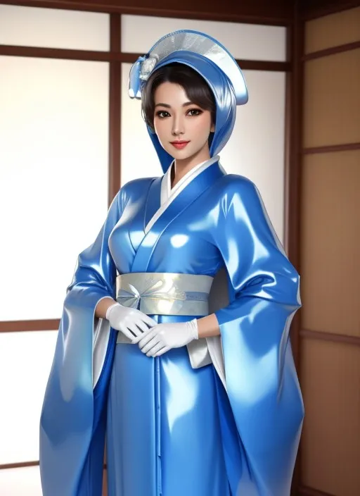 The picture shows a young woman wearing a shiny blue kimono with a white obi and white gloves. She is also wearing a blue hat with a white flower on it. The background is a traditional Japanese room with a shoji screen.