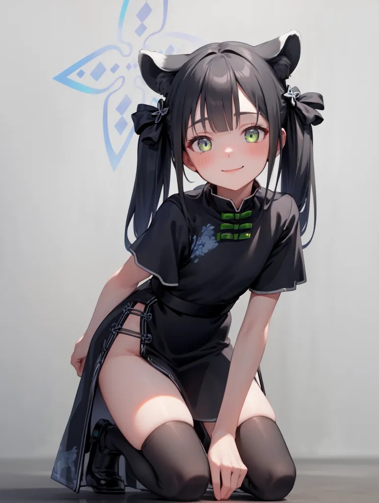 The image is of an anime girl with black hair and green eyes. She is wearing a black cheongsam with green and blue accents. The cheongsam has a high collar and a slit on one side. She is also wearing black stockings and black shoes. She has cat ears and a butterfly hairpin in her hair. She is kneeling on the ground and has a shy smile on her face.